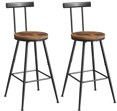 MAHANCRIS Barhocker, 2er Set, Barstühle, Küchenstühle mit Rückenlehne, Metallrahmen, Multidirektional Verstellbare Füße, für Küche, Wohnzimmer, Bar, Café, Vintagebraun und Schwarz ABAHR6001