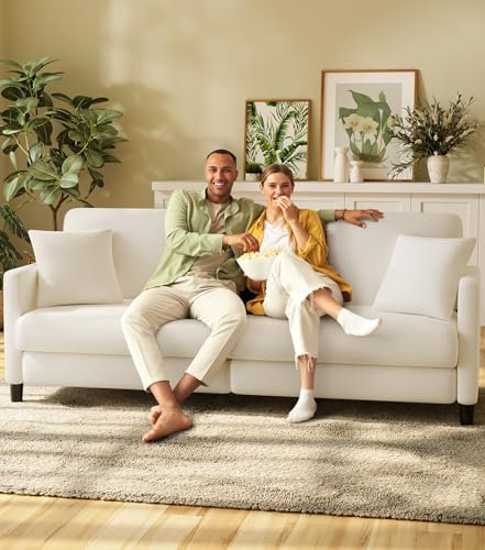 Welzona 211cm Sofa 3 Sitzer, Bequeme 3 Sitzer Sofas, Teddy Fleece Sofa Couch, Werkzeugfreier Aufbau Couches für Wohnzimmer, Ganzholz 3er Sitzsofa, Kleine Couch 2 Kissen inklusive, Beige