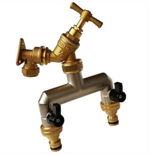 15mm Brass Wall Flange Kit with Brass Tap + Quick Connect Metal Splitter - to Easily Create a New Garden Outlet from Your Copper Pipe Water line.