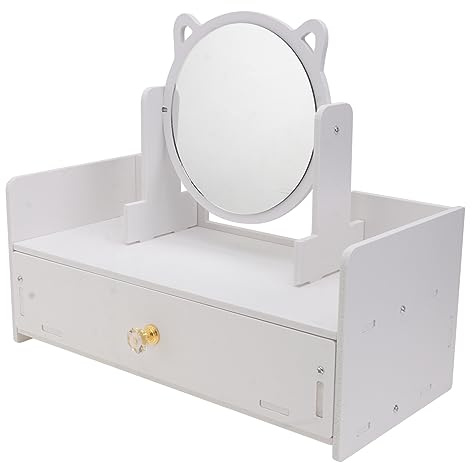 PACKOVE Specchio da Tavolo per Cosmetici Bianco in Legno e Cristallo, Struttura Rotante 360° e Cassetto Organizer per Make-up e Accessori Ragazze