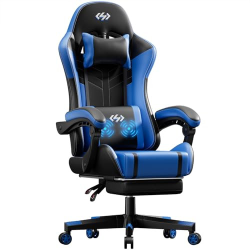HLONONE Gaming Stuhl Ergonomischer, Massage Computer Bürostuhl mit Komfortable Kopfstütze und Lendenkissen, Gamer Stuhl für Erwachsener und Teen, 150 kg Gaming Sessel Höhenverstellbar, Schwarz-Blau