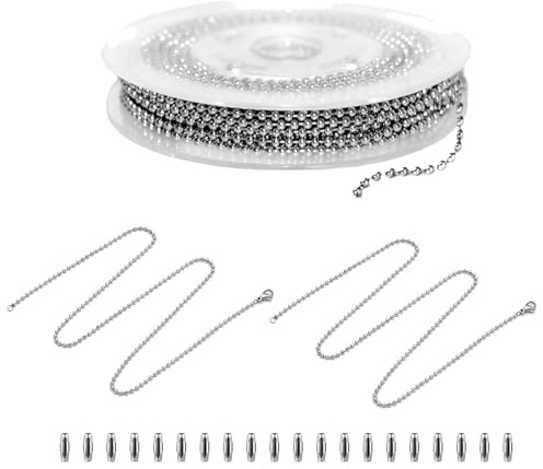 HSUYUN Edelstahl Kugelkette 5m + 2x90cm, 304 Rostfrei mit 20 Verbindern, 2,4mm DIY Schmuckkette für Halsketten & Armbänder
