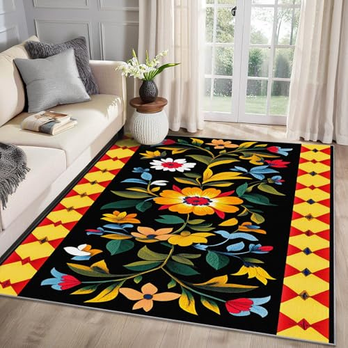 MMYAOKEN Mexikanische Teppich Wohnzimmer 80x150 Ethnisch Bunt Blumen Deko, Teppich Kurzflor, Weich rutschfest Waschbare Teppiche, Fußmatte Bettvorleger Schlafzimmer Kinderzimmer