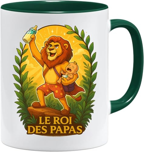 JungleMug – Cadeau fête des pères papa | Mug Le Roi des Papas lion humour dessin animé | Tasse rigolote papa bébé roi du foyer | Idée cadeau homme original