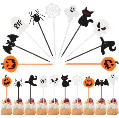 Namalu 50 Piezas Toppers de Cupcakes de Halloween de Plástico Palillos de Frutas Calabaza Murciélago Calavera Fantasma Gato Sombrero Adornos para Cóctel Brocheta Aperitivo Cumpleaños Recuerdos Fiesta
