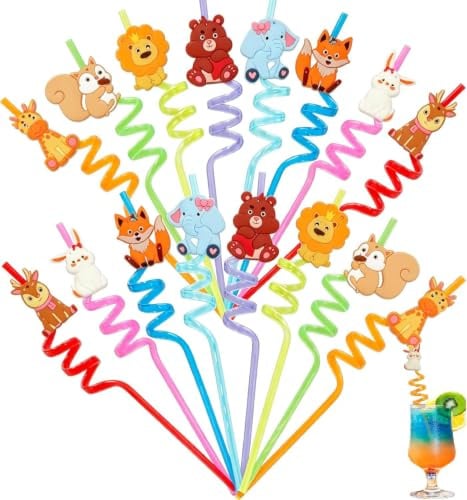 16 Stück Cartoon Kinder Strohhalme, BetterJonny Wiederverwendbare Plastik Strohhalme Lockige Farbige Trinkhalme Plastik für Geburtstag Waldparty Deko