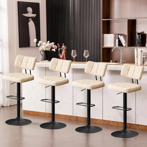 Ckaff Lot de 4 Tabourets de Bar, Tabourets Bar Réglables en Hauteur Modernes, Chaise de Bar Chaise Haute Bar, Tabouret Ilot Central Cuisine avec Dossier et Repose-Pieds pour Cuisine, Bar, PU, Beige