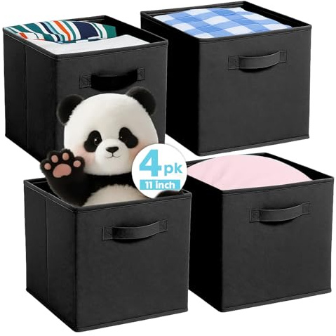 Pinkgarden Aufbewahrungsboxen, Zusammenklappbarer Stoffwürfel-Organisator mit Griffen, für Haus, Kinderzimmer, Schrank und Spielzeugorganisation, 4er-Set, 26,7 x 26,7 x 27,9 cm, Schwarz