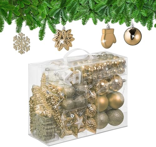 Relaxdays Palline di Natale, Set 100 Addobbi Natalizi, Palle Opache, Lucide, Glitter, 10 Design, Plastica, Champagne