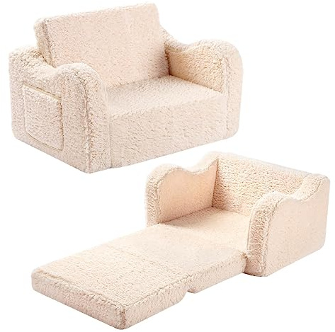 BestRoyal Comfy Toddler Couch, 2-in-1 Foldable Kids Sofa Chair, Cream