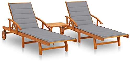 Mhdvray Lettini pieghevoli, 2 pezzi e tavolo in legno massiccio di acacia, 199 x 67 x 85 cm, con ruota e 3 cm, imbottitura per giardino, balcone, piscina