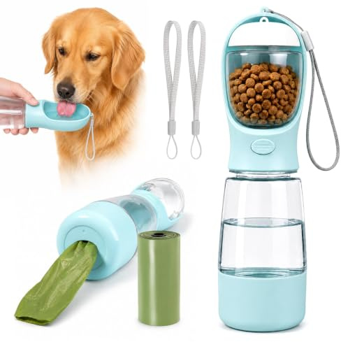 Wosyoodo 4 en 1 Bouteille d'eau Portable pour Chien, Gourde Chien avec Gamelle Integree Reservoir de Croquettes et Sacs a Dechets Pet sans BPA pour Petit Chien Chaton Randonnee Voyage