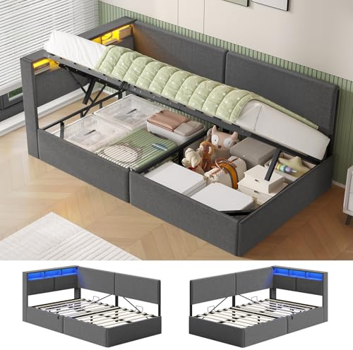 AOGLLATI 3ft Single Bed Frame with Hydraulic Storage, Charging Station and LED Lights, Single Ottoman Bed with Storage Headboard, Reversible Left/Right Hand Assembly, Dark Grey Linen (Single-90x190cm)