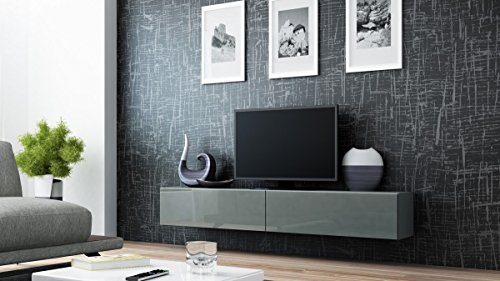 Furniture24 Tv Schrank Vigo 180 cm Länge, Hängeschrank, Wandschrank, Fernsehentisch mit 2 Klapptüren, Lowboard, Grifflose Öffnen, Push to Open (Grau/Grau Hochglanz)