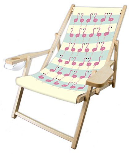 MultiBrands® Holz-Liegestuhl, mit Armlehne und Getränkehalter, klappbar, Flamingo