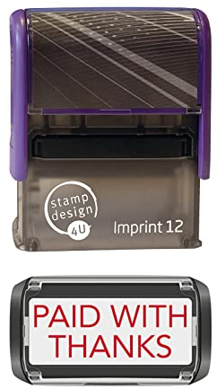 SD4U 9012 Paid with Thanks Self-Inking Stamp – 47 x 18mm – Red Ink | Paid with Thanks wording; 47 x 18mm impression, Red ink; self-inking for paper and document marking.