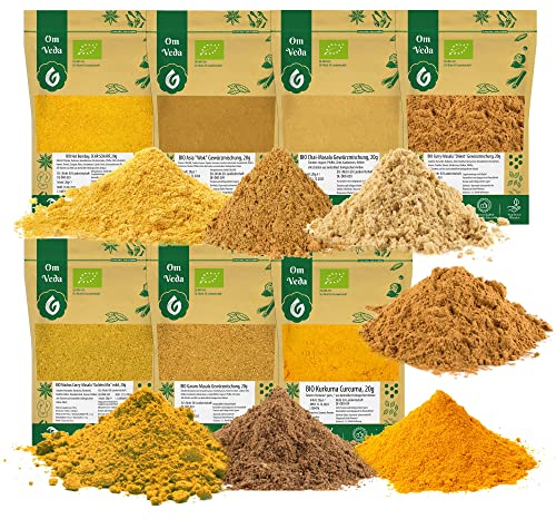 BIO Indische Gewürzmischungen Masala 7er SET - Garam Masala, Hot Bombay Curry, Madras Curry, Asia Wok, Chai Masala, Kurkuma Grundausstattung Geschenkset BIO Gewürzset Gewürze Set