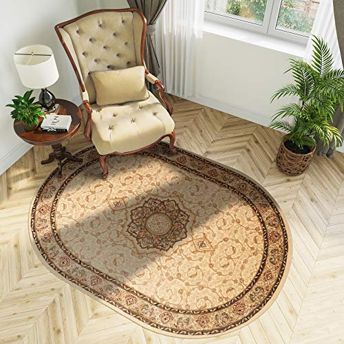 TAPISO Yesemek Teppich Oval Wohnzimmer Kurzflor Klassisch Gemustert Oriental Floral Ornament Creme Bordüre Design Schlafzimmer ÖKOTEX 60 x 100 cm