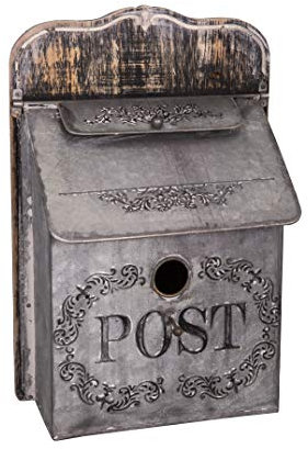 MAISONICA Zinc & Wood Post Box - Wall Mounted Distressed Vintage Style Letterbox Store - Decorative Garden Accessory