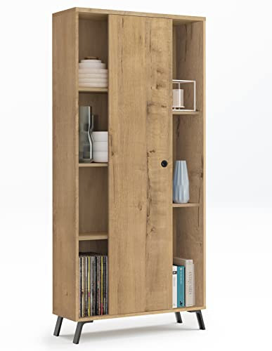 PEGANE Bibliothèque étagère à 1 Porte coulissante Coloris chêne doré - Hauteur 180 x Longueur 80 x Profondeur 33 cm