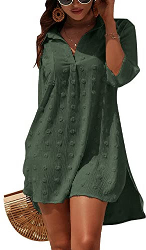 Blooming Jelly Womens Swimsuit Coverups White Chiffon Bikini Swimwear Beach Cover Up Dress Shirt, Army Green, Large