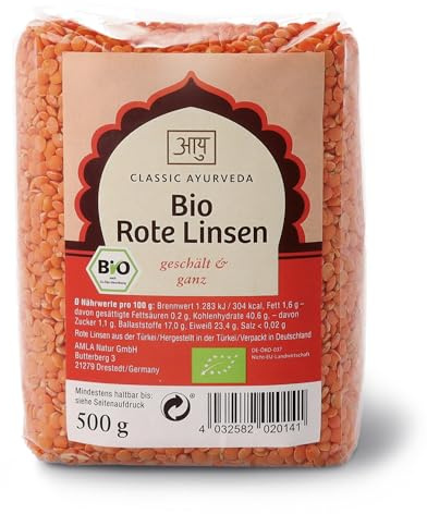 Classic Ayurveda - Bio Rote Linsen (geschält & ganz) - 500 g - Ideal für die schnelle Küche mit kurzer Kochzeit
