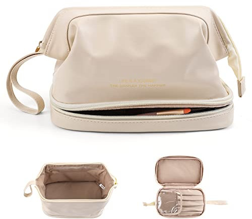 Kosmetiktasche, doppellagige Kosmetiktasche, große Make-up-Tasche, Reise-Make-up-Tasche, Make-up-Organizer-Tasche, Leder-Kosmetiktasche, wasserdichte Kulturtasche für Frauen und Mädchen,