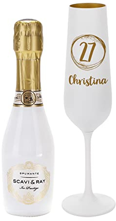 Herz & Heim® Geschenkset mit graviertem weiß-goldenem Sektglas und Piccolo Fläschchen/verschiedene Motive/mit Wunschname Happy Birthday mit Alter und Name