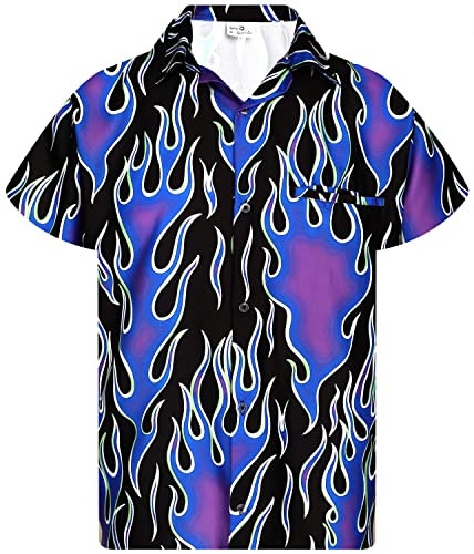 King Kameha Funky Hawaiian Shirt, Men, Shortsleeve, Flames Wild, Purple, L