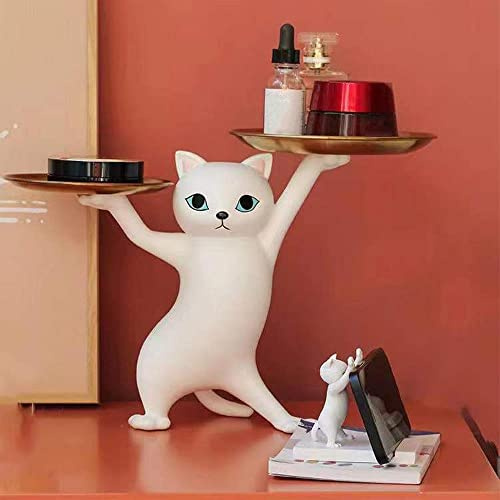 Slowtee Resin Cat Decorative Tray Figurines, Enchanting Dancing Funny Cat Statue Trays for Home/Bedroom/Office Entrance Table Decor, Cat Sculpture for Candy/Snacks/Key/Gadgets Storage (White)