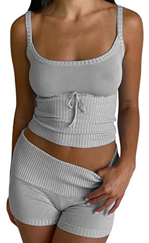 Damen Gerippte Strick Outfits 2-Teilige Y2K Spaghettiträger Crop Top Shorts mit Elastischer Taille Lounge Set Sommer Streetwear (A-Grau, S)