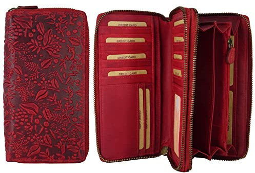 Hill Burry Geldbörse Frauen, XXL Groß Leder Geldbeutel Doppelter Reißverschluss mit RFID Schutz, Portemonnaie langes Portmonee für Damen, 27 Kartenfächer, 20x11x3,5cm (B x H x T) (Rot)