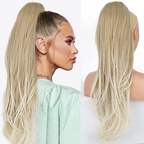 PPORSMEER Lange Zopf Pferdeschwanz Haarteil Haarverlängerung mit Kordelzug Lang Glatt Wellig Natürliches Kunsthaar Ponytail Extensions Blond mit Platinblond für Frauen Afro Dame,65cm