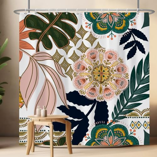 Ttincceer Boho Tenda da Doccia, Fiore Metà Secolo Colorato Floreale Tenda da Bagno Pianta Tropicale Foglie Tende da Doccia Impermeabile Tenda da Vasca da Bagno 180x200cm