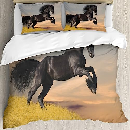 Set di biancheria da letto per bambini, con motivo cavallo, motivo cavallo che corre, con stampa 3D, motivo cavallo, per bambini, ragazzi, con chiusura lampo e federa (nero1, 135 x 200 cm)
