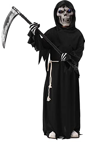 ZUCOS Sensemann Kostüm Sense Schädelmaske SchädeHandschuhe, Unisex Kostüm Grim Reaper für Halloween Party Dekoration (Schwarz, 10-12 Jahre)