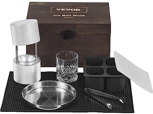 VEVOR Presse à Glaçons Sphères de 61 mm Moule à Glaçon Rond en Aluminium Bac à Glaçons Ronds avec Pince Fabrication Rapide de Glaçons Boules pour Boissons Cocktails Whisky Café Soirées Pyjama Bars