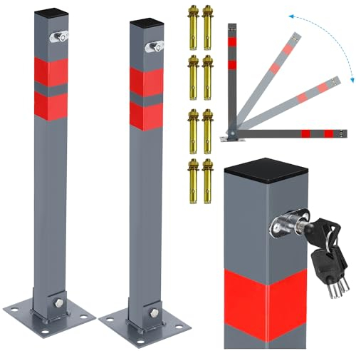 Eulenke Parkpfosten Klappbar 2er, Parkplatzsperre Quadratisch,Parkplatzsperren mit 6 Schlüssel und 4 Reflexstreifen Sperrpfosten Robust Stabil Stahl Standfuß Absperrpfosten