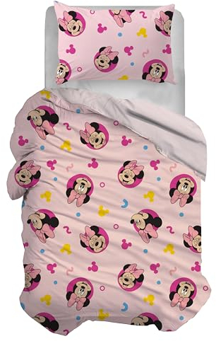 Minnie Maus Bettwäsche-Set für Einzelbett, Baumwolle, Rosa, Bettbezug 155 x 200 cm, Kissenbezug 50 x 80 cm, Disney, 100% Baumwolle, offizielles Produkt