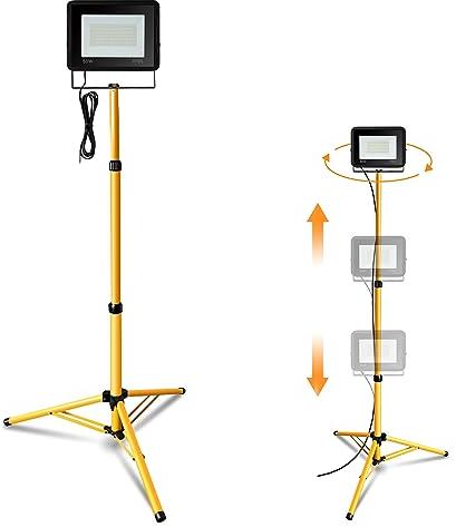 Jiubiaz LED Baustrahler mit Stativ, 50W 4250LM Arbeitsstrahler inkl. Höhenverstellbar Stativ und 1m Kabel, LED Fluter 3000K Warmweiß Wasserdicht IP66 Baulampe für Werkstatt (kein Stecker)