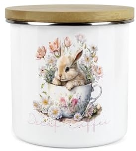 Purely Home Bunny Rabbit Kitchen Decaf Coffee Storage Canister - Teacup Bunny Metal Enamel Hot Drinks Storage Container