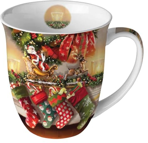 Ambiente Tasse Mug 0,4 l Henkeltasse Becher Kaffeetasse Teetasse Weihnachtstasse Kamin Geschenke hanging stockings
