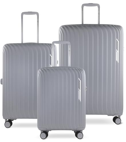 bugatti Hera 3er Hartschalen-Koffer-Set mit 4-Rollen (S,M,L), leichte Reise-Koffer aus PP Light und Handgepäck-Trolley, hellgrau