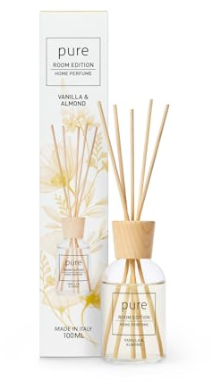 PURE ROOM EDITION 100ml Raumduft Vanille & Mandel: natürliche Inhaltsstoffe, vegan & tierversuchsfrei, Bio-Alkohol, Diffuser mit Stäbchen hergestellt in Italien