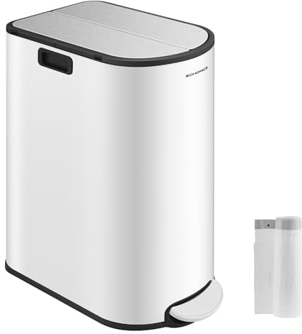 SONGMICS Double Kitchen Bin, 30L and 20L Dual Compartment Slim Bin for Recycling and Waste, Pedal Bin with Wing Lids, Cloud White and Metallic Silver LTB570W02