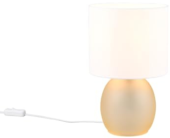 Klassische Tischleuchte mit Glasfuß Bernsteinfarbig und Stoffschirm Weiß, Höhe 29cm