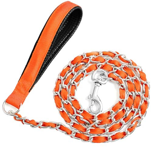 LUFFWELL Robuste Metall-Hundeleine mit bequemem PU-Leder-Polstergriff, 3,5 mm, Orange, 122 cm