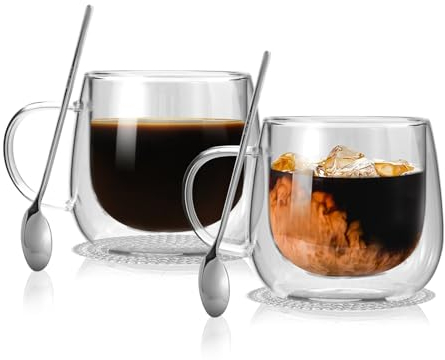 CNNIK Double Walled Glass Coffee Mugs - Espresso, Cappuccino, Latte, Hot Chocolate, Iced Coffee Cups - Tea, Milk, Juice Glasses - 300ml Gift Set of 2