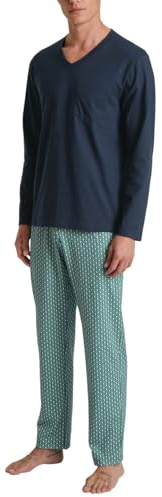 CALIDA Relax Imprint Pyjama, lang Herren, aus 100% Baumwolle, Hose mit stoffbezogenem Gummibund
