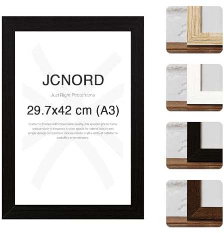 JCNORD Schwarzer MDF Holz Bilderrahmen A3 (29.7x42 cm) mit bruchsicherem Acrylglas | Moderner Fotorahmen für Wände und Tische